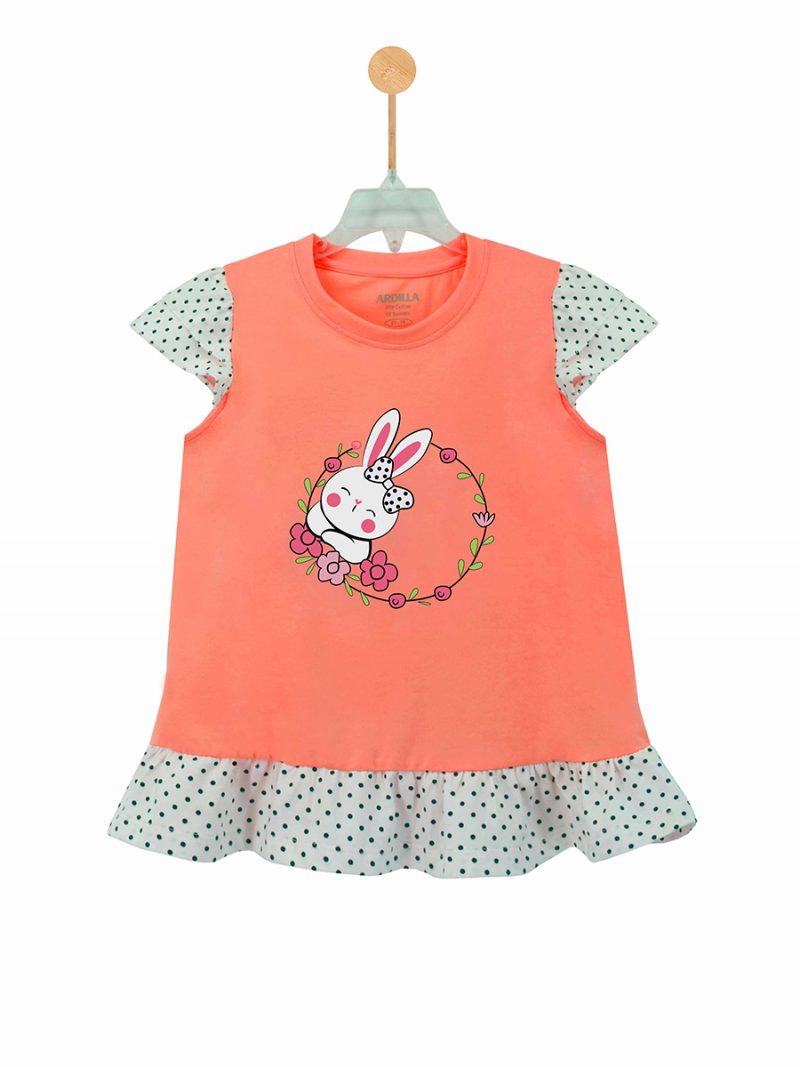 Áo phông bé gái phối bèo ARDILLA chất liệu Cotton hình in Rabbits dễ thương K88GSS20